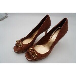 Antonio Melani Brown Embossed Leather Peep Toe Gold Chain Accent Dress Pumps 10M